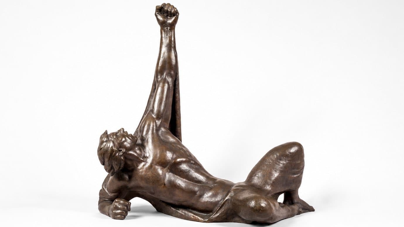 Bronze sculpture by Everett DuPen titled "Upheaval," a reclining figure with one arm raised, fist clenched.